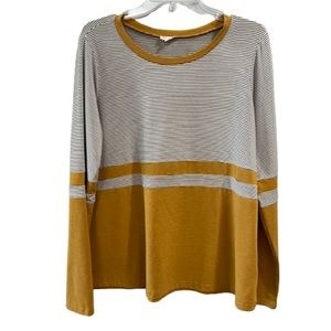 Hem & Thread TunicTee Shirt Crew Neck Long Sleeves Gold/Black & Cream Stripes